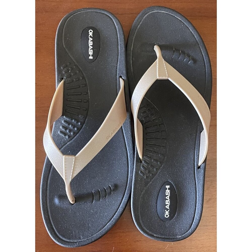 Okabashi Breeze Women's Flip Flops‎ Thongs Slip-on Black/Aged Gold Size 7 Beachy